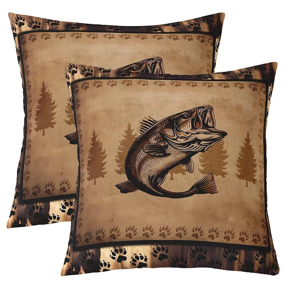 4128 Fish Throw Pillow Covers 18"x18" Set of 2 Fish Hunting Decorative